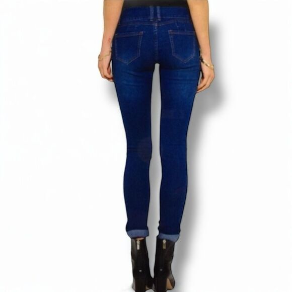 Mid Rise Dark Blue Denim Distressed Ripped Knees Skinny Jeans NEW - Picture 2 of 4